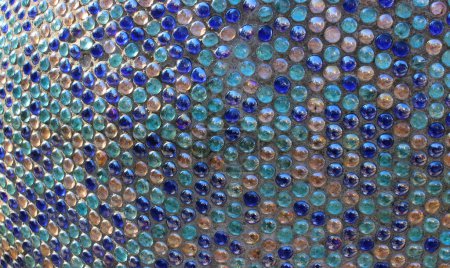 Abstract Background Of Blue Glass Round Mosaic Tiles. Facade Decoration Stock Photo