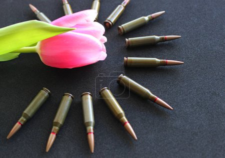Bullets Laid Out In Halo Shape Around Single Pink Flower On Green Stem Angle View