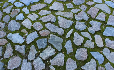 Antiguo sendero musgoso pavimentado con foto de granito para fondos antiguos de la fundación