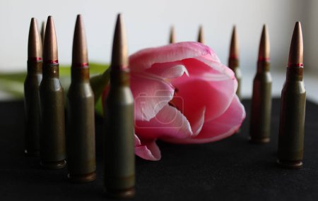 Lines of staying bullets around a blooming flower on black velvet surface. Concept Stock Photo For Honor Guard Illustration