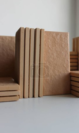 Variety Form Piles Of Same Size Ceramic Tiles Side View Stock Photo