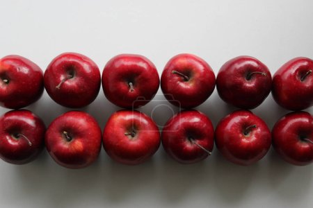 Perfekte rote Apfelfrüchte in Linien auf sauberer weißer Oberfläche von oben. Archivfoto für geerntete Früchte Hintergründe 