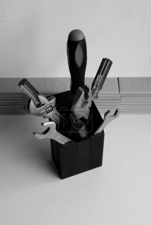Variety Workshop Tools Stacked In Plastic Box On A Clear Workbench. Black And White Stock Photo For Home Repairing Illustration