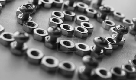 Monochrome Photo Of Variety Fasteners And Hardware Items In Flat Layer On White Workbench. Fasteners And Hardware Products Royalty Free Image