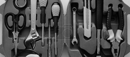 Electric Repairing Tools Arranged In Special Plastic Box. Monochrome Stock Photo For Tools And Electrician Equipment Illustration