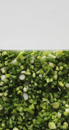 Face avant du récipient transparent à moitié rempli d'oignons et de légumes hachés finement