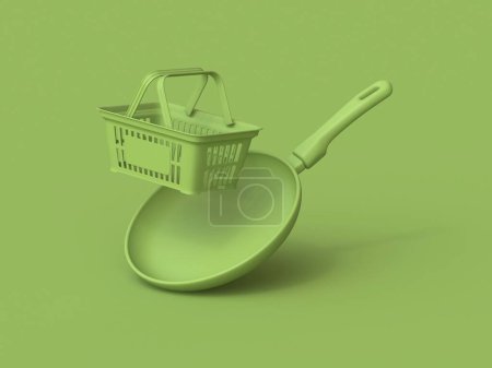 Téléchargez les photos : Poêle verte et panier Illustration de rendu 3D isolée sur fond blanc - en image libre de droit