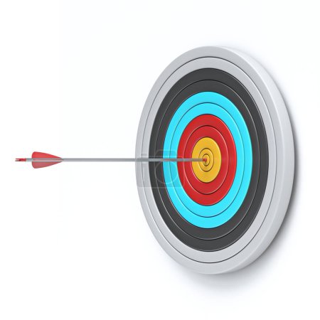 Téléchargez les photos : Cible de tir à l'arc avec flèche au centre Illustration de rendu 3D isolée sur fond blanc - en image libre de droit