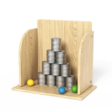 Foto de Lata juego de disparos en caja de madera representación 3D ilustración aislada sobre fondo blanco - Imagen libre de derechos