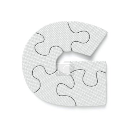 White jigsaw puzzle font Letter G 3D rendering illustration isolated on white background