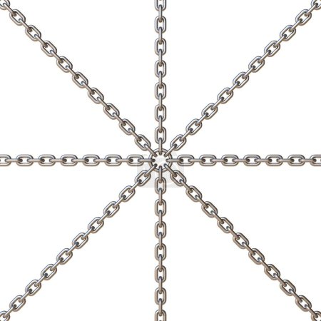 Quatre chaînes en acier croisées Illustration de rendu 3D isolée sur fond blanc