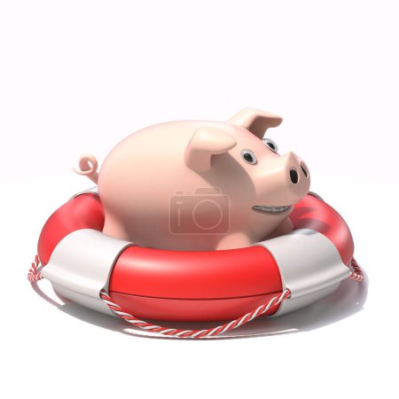 Téléchargez les photos : Bouée de sauvetage avec banque de porcs Illustration de rendu 3D isolée sur fond blanc - en image libre de droit