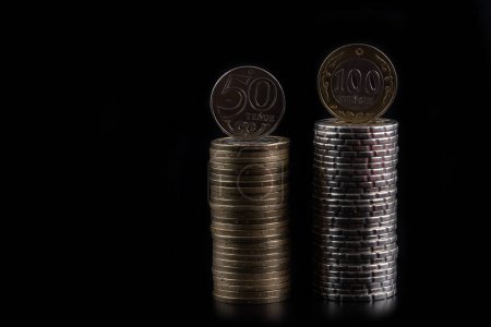Kazakh coins in denominations of 50, 100 and 200 tenge on a black background