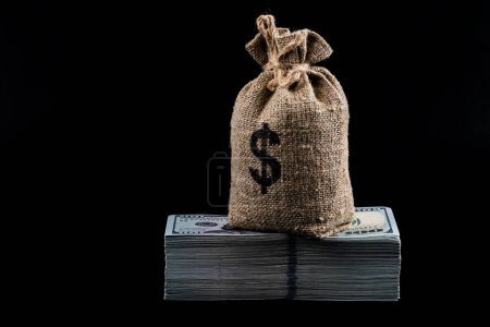 Téléchargez les photos : Money bag with american dollar symbol and 100 dollar bills - en image libre de droit