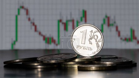 Téléchargez les photos : Coin of 1 Russian ruble denomination against the background of stock data chart - en image libre de droit