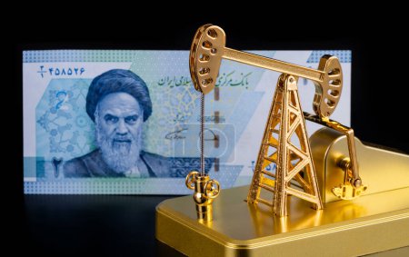 Photo for Fragment banknote of  2-20000 Iranian tuman-reals with portraits of Ruhollah Khomeini and golden oil pump - Royalty Free Image