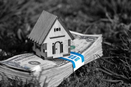 Téléchargez les photos : Une maison en bois miniature et un paquet de billets de 1 dollar sur fond d'herbe - en image libre de droit