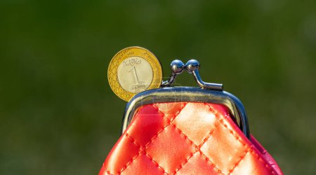 Photo for 1 riyal coin of the Kingdom of Saudi Arabia and a miniature red purse - Royalty Free Image