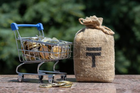 Money bag with Kazakh currency symbol tenge and shopping trolley from supernarket with coins in denominations of 100 and 200 tenge
