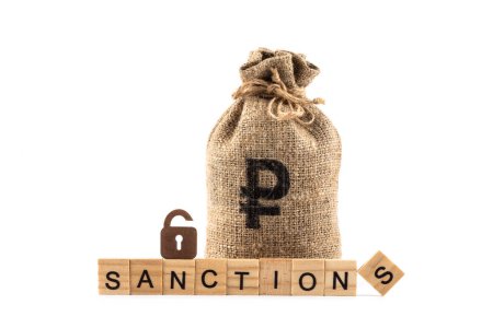 Money bag with Russian ruble symbol and the word "sanctions" on a white background