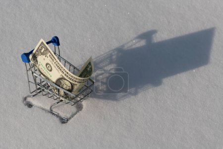 A $1 bill and a miniature shopping cart in the snow.