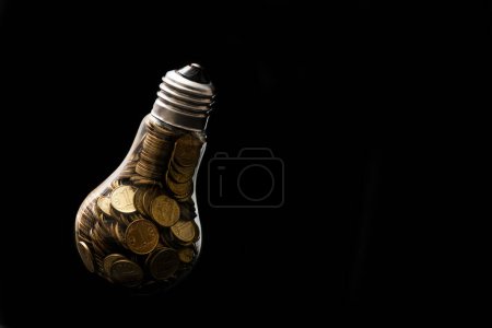 Conceptual story about the cost of electricity in Kazakhstan with an incandescent light bulb filled with coins worth 1 Kazakh tenge