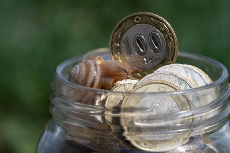 Eine Schnecke kriecht in einem Glasgefäß über Münzen von 100 und 200 kasachischen Tenge