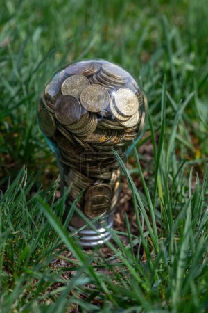 Eine Glühlampe gefüllt mit 1 kasachischen Tenge-Münzen auf einem Hintergrund aus Gras