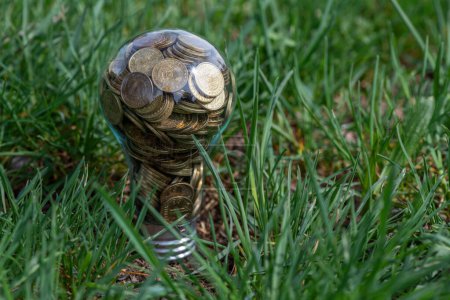 An incandescent lamp filled with 1 Kazakhstani tenge coins on a background of grass