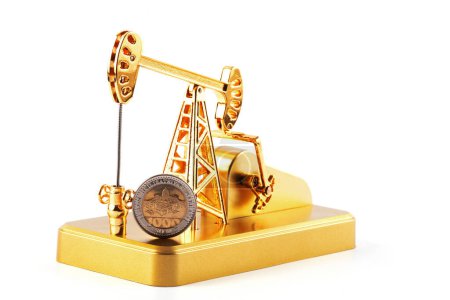 Pompe à huile dorée et 1000 pièces de monnaie ouzbèke sur fond blanc