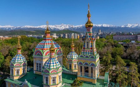 Quadcopter view of the Orthodox wooden Ascension Cathedral built in 1907 in the Kazakh city of Almaty on a spring evening