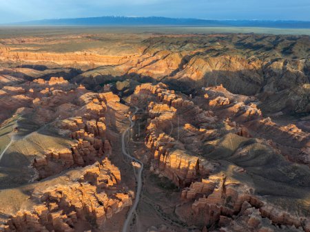 View from a quadcopter of the Valley of Castles of the Charyn Canyon in the Almaty region (Kazakhstan) on a spring day