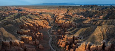 Panoramic view from a quadcopter of the Valley of Castles of the Charyn Canyon in the Almaty region (Kazakhstan) on a spring day