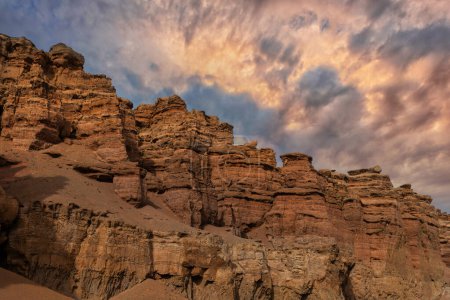 Picturesque rocks of the Charyn River canyon under an expressive sky in the Almaty region of Kazakhstan