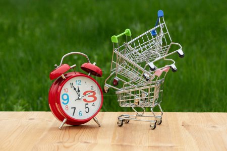 Miniature shopping cart from a supermarket and alarm clock on a background of grass
