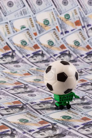 Miniature soccer ball with $100 bills in the background