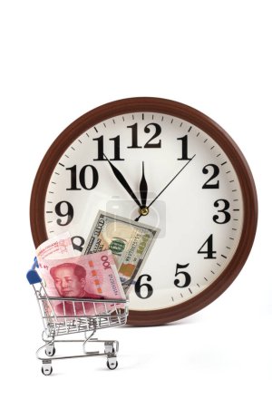 100 US dollar and 100 Chinese yuan bills with a clock in the background