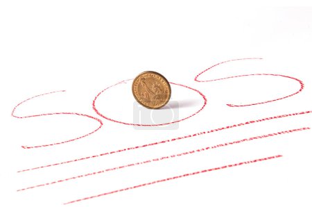 SOS abbreviation and 1 US dollar coins on a white background
