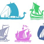 Old Vintage Nordic Ship Boat Multicolored Icon Set