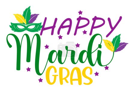 Happy Mardi Gras Colorful Lettering With Mask. Traditional Carnival In New Orlean, Louisiana. Vector illustration On White Background For poster, card, T Shirt Design