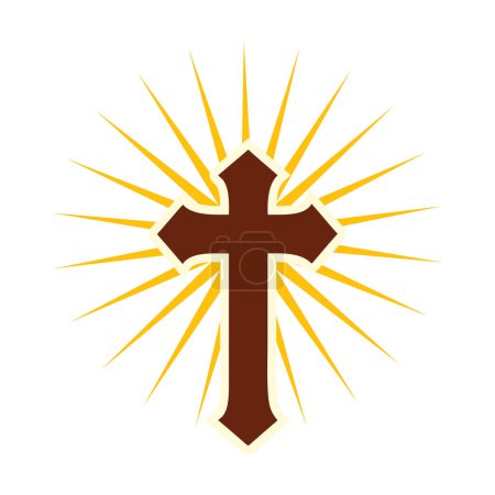 Christian Holy Cross With Sun Rays Icon. Cross Starburst Circle Retro Vintage Religion Symbol