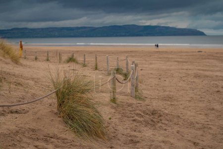 Téléchargez les photos : Entrée sablonneuse et herbeuse de la plage de Castlerock, Irlande du Nord par une journée nuageuse. Entrée pittoresque de la plage avec corde et la convergence - en image libre de droit