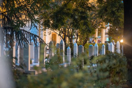 Photo for Cemetery in Sarajevo at night. White pillars standing between the green foliage and trees. Image photo of muslim cemetery. - Royalty Free Image