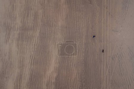 Foto de Persona paseando a un perro sobre pequeñas dunas de arena o ondulaciones en una playa de arena en Castlerock, Irlanda del norte.. Drone vista vertical, visible un círculo de algún tipo. - Imagen libre de derechos