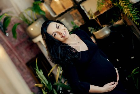 Photo for Pregnancy, motherhood, people and expectation concept - close up of happy pregnant woman with big belly - Royalty Free Image