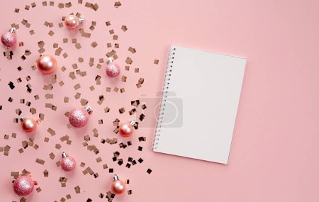 Photo for Christmas cozy background. blank notebook with festive decorations. New year planning, goals, to-do list or wish list concept. Flat lay, copy space - Royalty Free Image