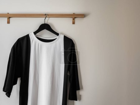 Photo for Realistic t-shirt mockup | Blank black and white t-shirt on hanger, design mockup. Clear plain cotton t-shirt mock up template. Apparel store logo mock branding display - Royalty Free Image