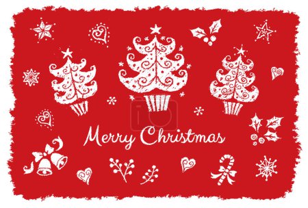 Téléchargez les photos : Carte de Noël avec arbre dessiné à la main, houx, étoiles, cœurs, bonbons, flocons de neige et cloches - en image libre de droit