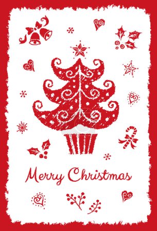 Téléchargez les photos : Carte de Noël avec arbre dessiné à la main, houx, étoiles, cœurs, bonbons, flocons de neige et cloches - en image libre de droit