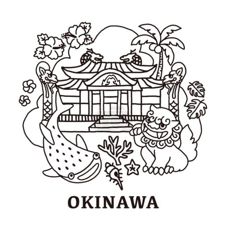 Téléchargez les photos : Illustration dessinée à la main d'Okinawa, Château de Shuri, lions gardiens, requin baleine, corail, hibiscus - en image libre de droit